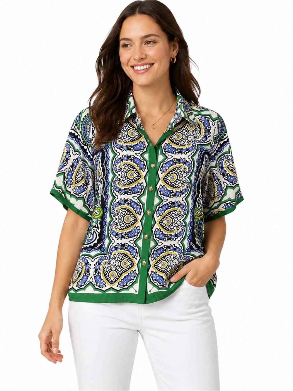 Haute hippie bright colorful boho floral paisley botanic button up Top Size XS